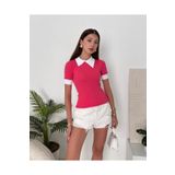 Chicup Kadın Pembe Polo Yaka Fitilli Örme Bluz