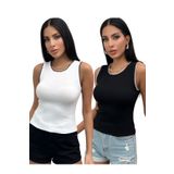 Chicup Kadın Siyah Beyaz Biyeli 2'li Paket Fitilli Örme Bluz