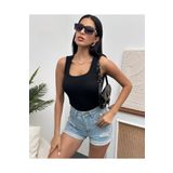 Chicup Kadın Siyah Geniş Askılı Fitilli Örme Bluz