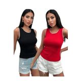 Chicup Kadın Siyah Kırmızı Biyeli 2'li Paket Fitilli Örme Bluz