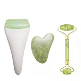 Chikoni 3'ü 1 arada Ficial Face Ice Jade Roller ve Gua Sha Aleti, %100 Doğal Gerçek Yeşim Kırışıklık Önleyici Yüz Göz Boyun Masaj Aleti, Kırışıklıkları, Şişkinlikleri, Migren, Kızarıklık, Ağrı ve Yaralanmayı Azaltır