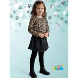 childs Alt Üst Takım Leopar Uzun Kol Üst Parlak Içi Tüylü Deri Görünümlü Siyah Mini Etek - Siyah - Leopar - 2 - 3 Yaş