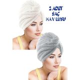 Chizgy 2 Adet Kalın Mikrofiber 2 Düğmeli Saç Havlusu Saç Bonesi Banyo Deniz ve Havuz Sonrası Plaj - Gri - Ekru