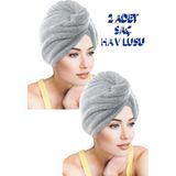 Chizgy 2 Adet Kalın Mikrofiber 2 Düğmeli Saç Havlusu Saç Bonesi Banyo Deniz ve Havuz Sonrası Plaj - Gri
