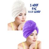 Chizgy 2 Adet Kalın Mikrofiber 2 Düğmeli Saç Havlusu Saç Bonesi Banyo Deniz ve Havuz Sonrası Plaj - Lila - Ekru
