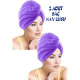 Chizgy 2 Adet Kalın Mikrofiber 2 Düğmeli Saç Havlusu Saç Bonesi Banyo Deniz ve Havuz Sonrası Plaj - Lila