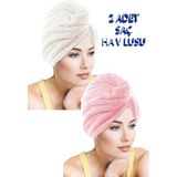 Chizgy 2 Adet Kalın Mikrofiber 2 Düğmeli Saç Havlusu Saç Bonesi Banyo Deniz ve Havuz Sonrası Plaj - Pembe - Ekru
