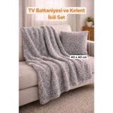 CHIZGY Welsoft Peluş TV Battaniyesi 110x170 cm + Kırlent 40x40 2’li Set Ultra Yumuşak Gri