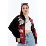 CHOS7N Kadın Oversize Baskılı Deri Motorcu Montu Fermuarlı Yarışçı Ceket Astarlı Bomber Kolej Mont Günlük Kullanım Kırmızı