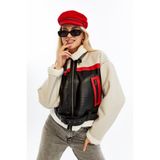 CHOS7N Kadın Siyah Crop Mont Kürklü Tokalı Fermuarlı Streetwear Trend