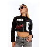 CHOS7N Kadın Streetwear Deri Crop Ceket – Baskılı Motorcu Stil Kısa Mont Siyah