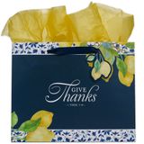 Christian Art Gifts Büyük Manzara İlham Verici Kutsal Kitap Hediye Çantası, Etiket ve Doku Ambalaj Kağıdı Seti: Teşekkürler İncil Ayeti, Beyaz, Lacivert ve Sarı Limon Çiçeği, Saten Kurdele Kolları