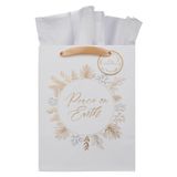 Christian Art Gifts Büyük Portre İlham Verici Noel Hediye Çantası, Erkekler ve Kadınlar için Etiket ve Ambalaj Kağıt Seti: Yeryüzünde Huzur, Sağlam Saten Kurdele Kolları, Şenlikli Beyaz
