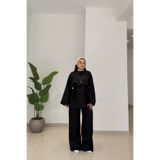 CHUL BÜYÜK BEDEN KADIN HAM KETEN KEMERLİ TUNİK PANTOLON TAKIM - SİYAH