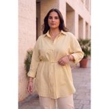 CHUL Büyük Beden Kadın İnce Gabardin Keten Kemerli Oversize Gömlek - Tereyağ Sarısı