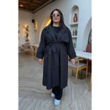 CHUL Kadın Oversize Kemerli Astarlı Trençkot-Büyük Beden Trençkot- Siyah- Geniş Beden aralığı