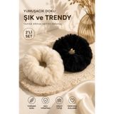 Chunky Frame Premium Peluş Saç Tokası Scrunchie Kadın Yumuşak Kadife Lastik Toka Dağınık Topuz At Kuyruğu İçin Kürk Peluş Tüylü Kaliteli Lastik Simit Kadın-Genç-Çocuk 2 li Saç Toka Seti