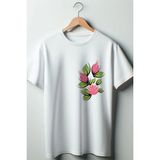 Çiçek Baskılı Coquette 2024 Modası Beyaz Oversize Kalıp Bisiklet Yaka Tshirt - XL