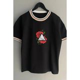 Çiçek Baskılı Unisex Yeni Sezon Oversize Kalıp Yaka Detaylı Yazlık Siyah T-Shirt - M