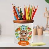 Çiçek Çerçevesinde Kedi Ahşap Seramik Kalemlik - 1191-184 - Beyaz