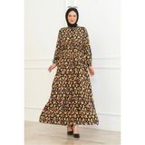 Çiçek Desenli Bağlamalı Viskon Kumaş Elbise - Sarı - 42 - 44