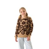 Çiçek Desenli Kız Çocuk Kazak Triko 7-8 Yaş/Camel