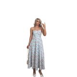 Çiçek Desenli Maxi Elbise, Açık Mavi Zeminde Pembe Güller, İnce Askılı, A-Line Kesim (Mavi, L)