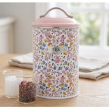 Çiçek Desenli Metal Çay Saklama Kutusu, 19x10 cm | TEA Yazılı Etiket, Pembe Kapaklı, Silindir Form, Mutfak Düzenleyici