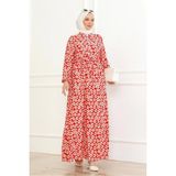 Çiçek Desenli Önü Bağlamalı Elbise / Kırmızı - 38 - 40