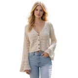 Çiçek Desenli Örgü Hırka – Cream Bloom, beyaz, standart