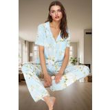 Çiçek Desenli Pamuk Pijama Takımı Regular Kalıp Boru Paça Evde Rahatlık Rahat Kullanım