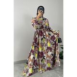 Çiçek Desenli Saten Tesettür Elbise - Bordo - 38