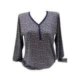 Çiçek Desenli V Yakalı Dantel Detaylı Şık Rahat Kalıp Kaliteli Likralı Penye Anne Bluz (Lacivert, 2XL)