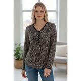 Çiçek Desenli V Yakalı Dantel Detaylı Şık Rahat Kalıp Kaliteli Likralı Penye Anne Bluz (Siyah, XL)
