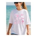 Çiçek Fiyonk Kurdele Baskılı Oversize Pamuklu Beyaz Kadın T-shirt SVG06SB