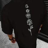 Çiçek Gül Desen Baskılı Erkek T-Shirt - Siyah