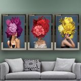 Çiçek Kadınlar Temalı Aynalı Çerçeveli 3 lü Kanvas Tablo Seti 150x70 cm SETS0217