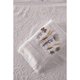 Çiçek Nakışlı 2'li El Havlusu -Jakarlı Kadife Yüz Havlusu - %100 Pamuk - Beyaz - 50 x 90 cm