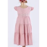 Çiçek Nakışlı Bürümcük Kumaş Kısa Kollu Kız Çocuk Elbise - Pudra - Pembe