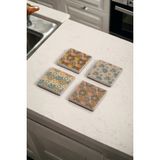 Çiçek Tile Desen Mandala Tema Doğal Taş Traverten Bardak Altlığı 4 Lü Set