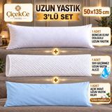 ÇİÇEKCE HOME Uzun Yastık 50 x 135 cm + Yastık Kılıfı + Sıvı Geçirmez Alezi Premium 3 Lü Set - Mavi