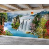 Çiçekler, Şelale ve Gün Manzara Tasarımlı Duvar Kağıdı-Manzara Desenli 3D - 150 x 100 cm - Yeşil