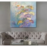 Çiçekler Yağlı Boya Dokulu Tablo 80X80 Gold Çerçeveli