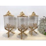 Çiçekli 3 Lü Mini Çatlak Kavanoz Set - Gold - 700 ml - 1