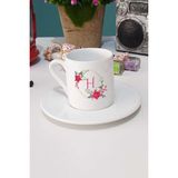 Çiçekli H Harfli Türk Kahvesi Fincanı Beyaz - 1 Adet - 70 ml