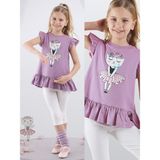 Çiçekli Kedi Kız Çocuk Mor T-Shirt Tayt Takım - 5 Yaş