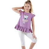 Çiçekli Kedi Kız Çocuk Mor T-Shirt Tayt Takım - 7 Yaş