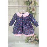 Çiçekli Kız Çocuk Bebek Dantelli Bebe Yaka Mavi Pembe Pamuk Elbise - 3 Yaş