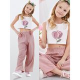 Çiçekli Kız Çocuk Pembe Müslin Pantolon Takım - 3 Yaş