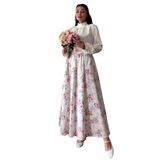 Çiçekli Kloş Poplin Etek (Beyaz-Pembe-Mor, L-XL)